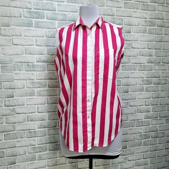 Vintage 90s Simply Basic L Pink‎ White Vertical Striped Sleeveless Button Up Top - Picture 1 of 6